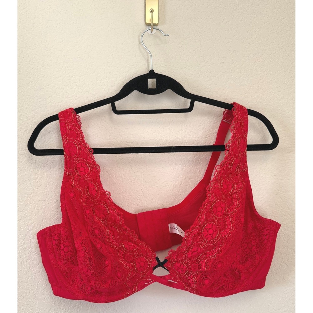 Cacique Womens Red Lace Trim Balconette Bra Gold Accents Bow 42DD valentines Day